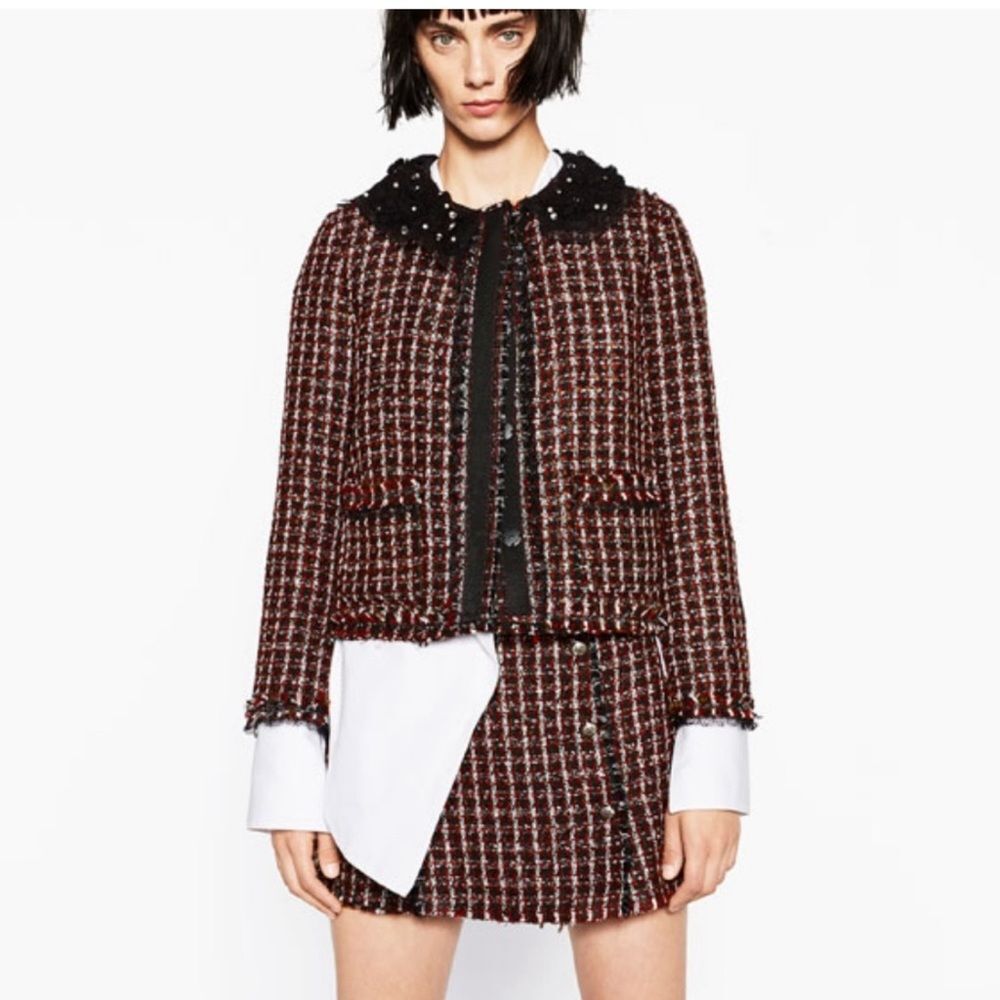ZARA BLACK RED PLAID TWEED BEADED JACKET size small - Picture 3 of 13